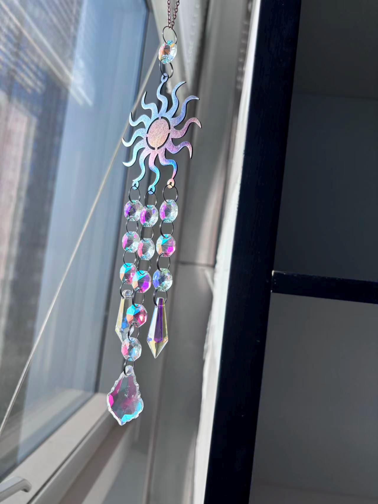 Metal Sunburst Sun Catcher, Captures Rainbows and Light, Sparkling Window Hanging Decor for Home