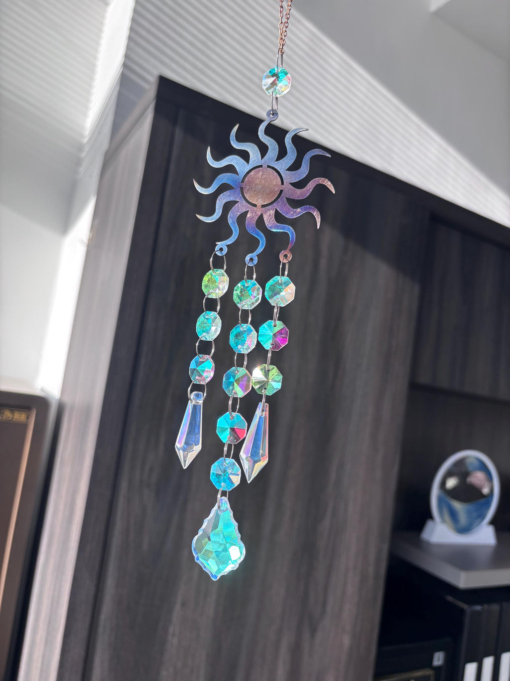 Metal Sunburst Sun Catcher, Captures Rainbows and Light, Sparkling Window Hanging Decor for Home