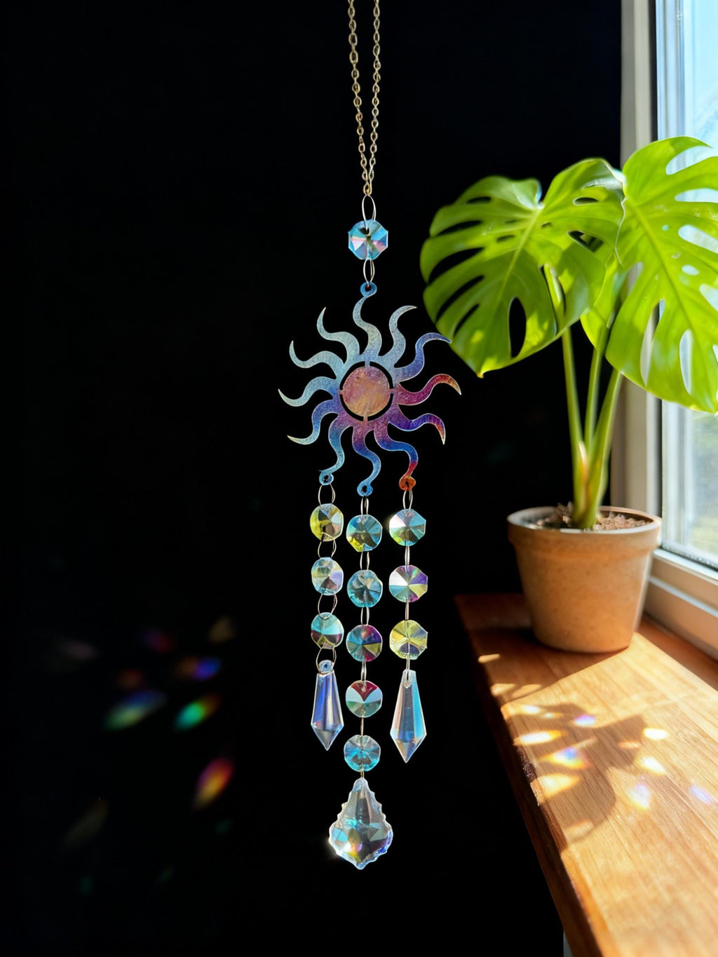 Metal Sunburst Sun Catcher, Captures Rainbows and Light, Sparkling Window Hanging Decor for Home