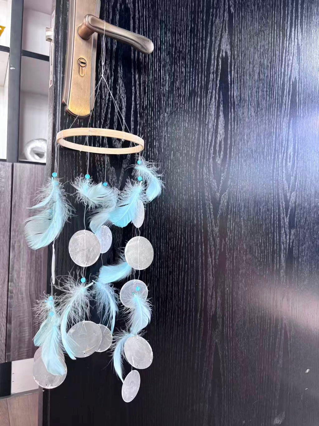 Blue Feather and White Shell Wind Chime, Boho Coastal Decor, Meditation Garden Ornament.