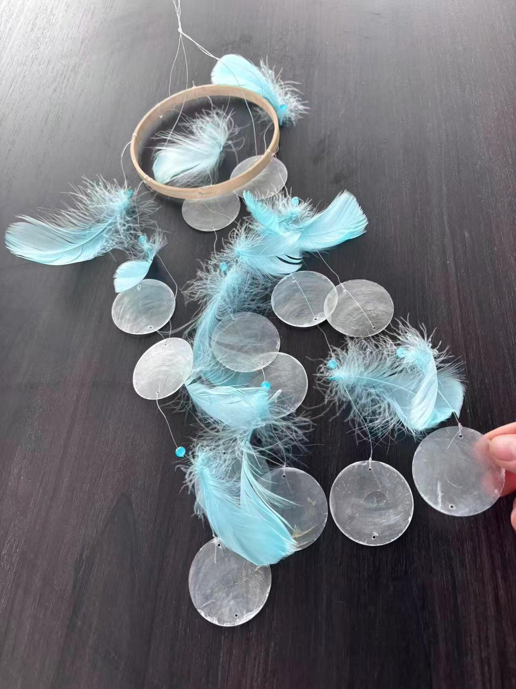 Blue Feather and White Shell Wind Chime, Boho Coastal Decor, Meditation Garden Ornament.