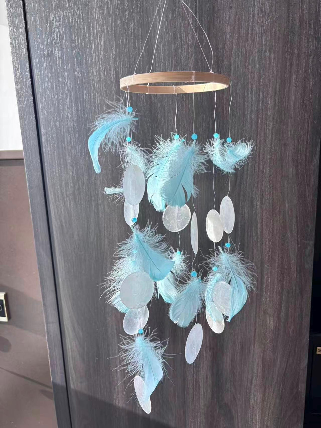 Blue Feather and White Shell Wind Chime, Boho Coastal Decor, Meditation Garden Ornament.