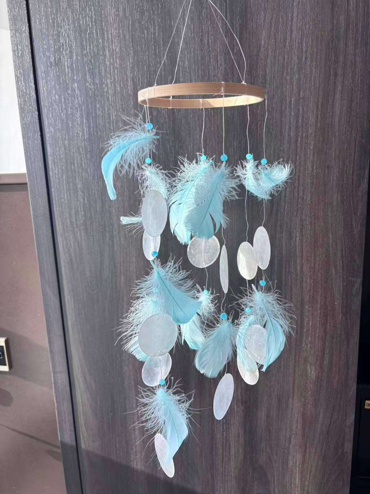 Blue Feather and White Shell Wind Chime, Boho Coastal Decor, Meditation Garden Ornament.