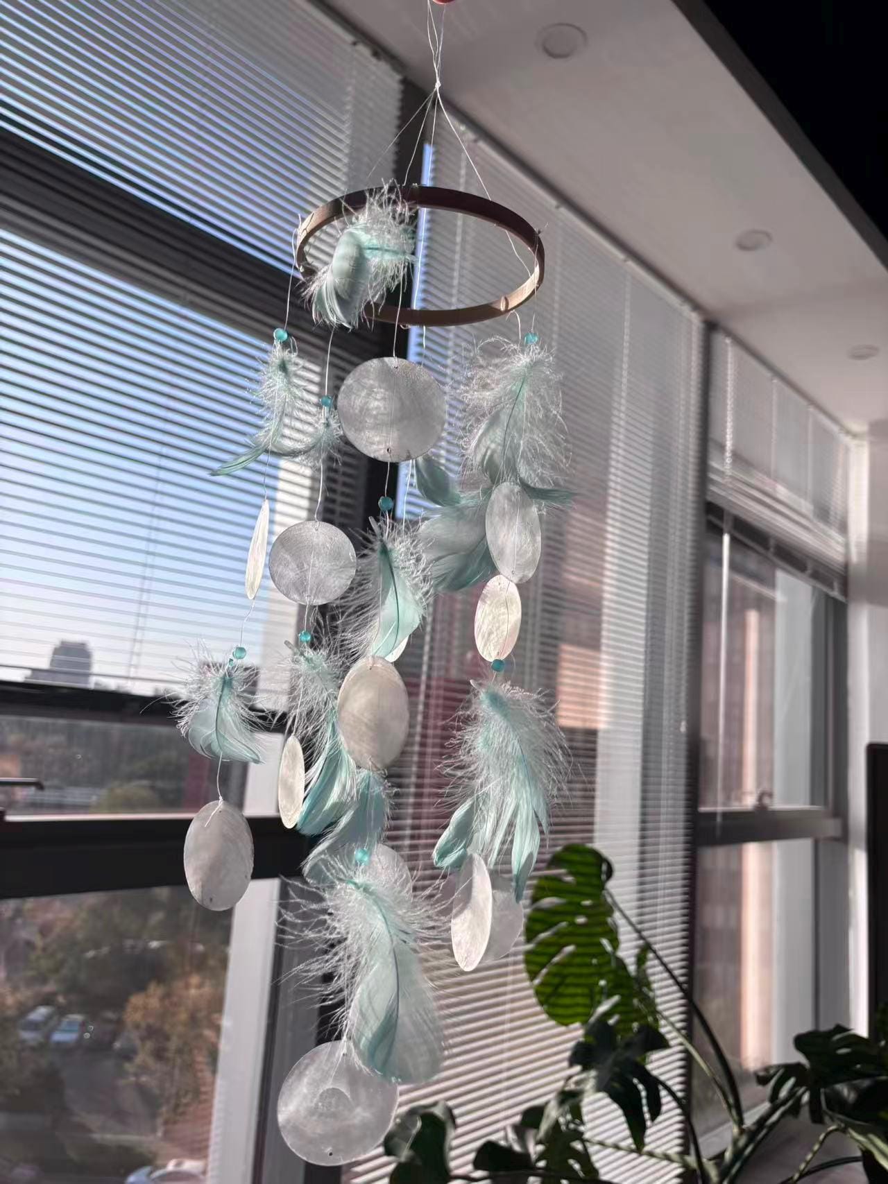 Blue Feather and White Shell Wind Chime, Boho Coastal Decor, Meditation Garden Ornament.