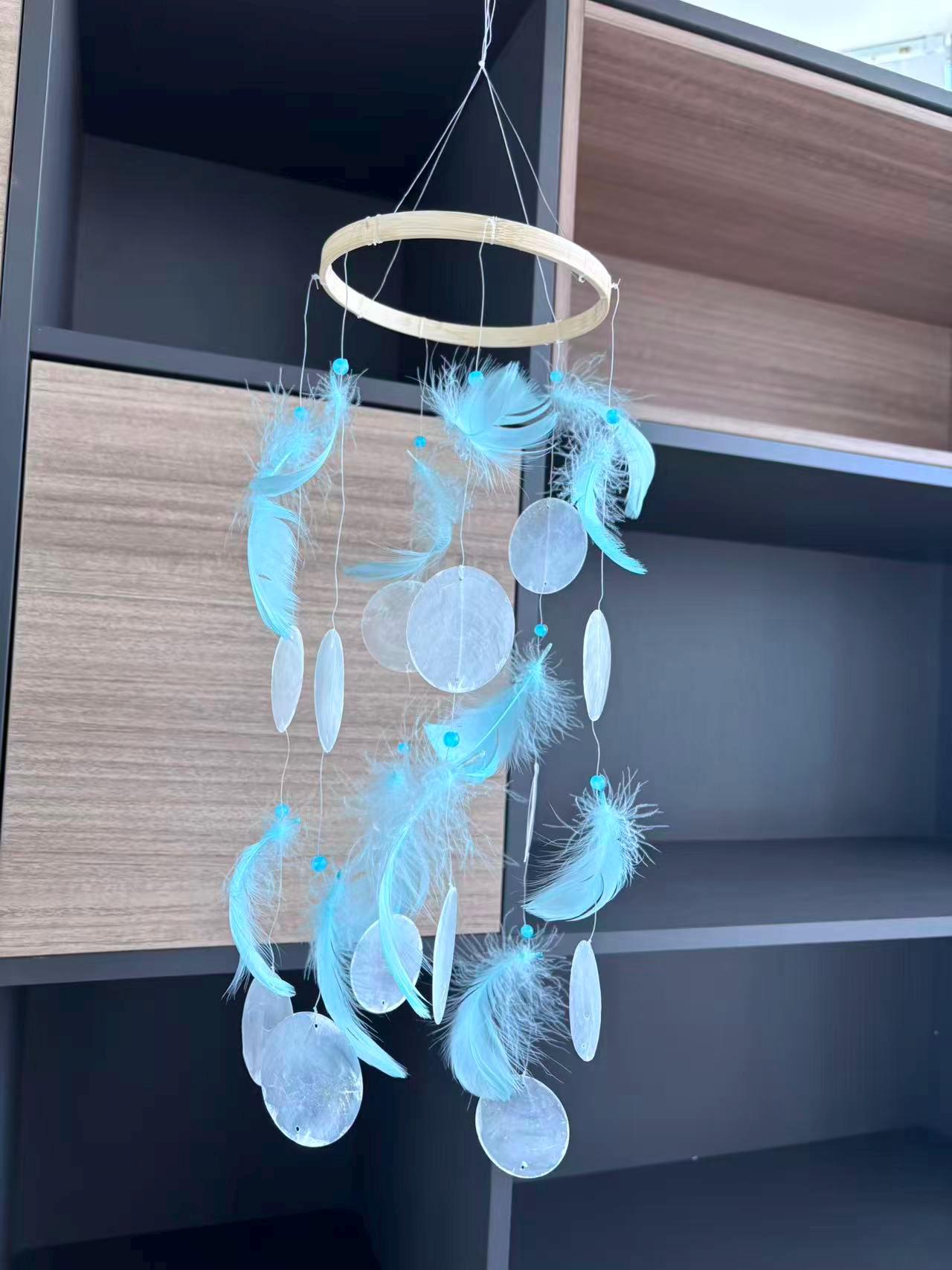 Blue Feather and White Shell Wind Chime, Boho Coastal Decor, Meditation Garden Ornament.