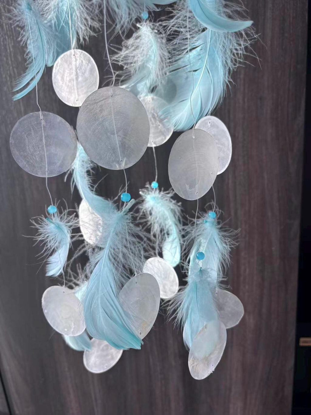 Blue Feather and White Shell Wind Chime, Boho Coastal Decor, Meditation Garden Ornament.