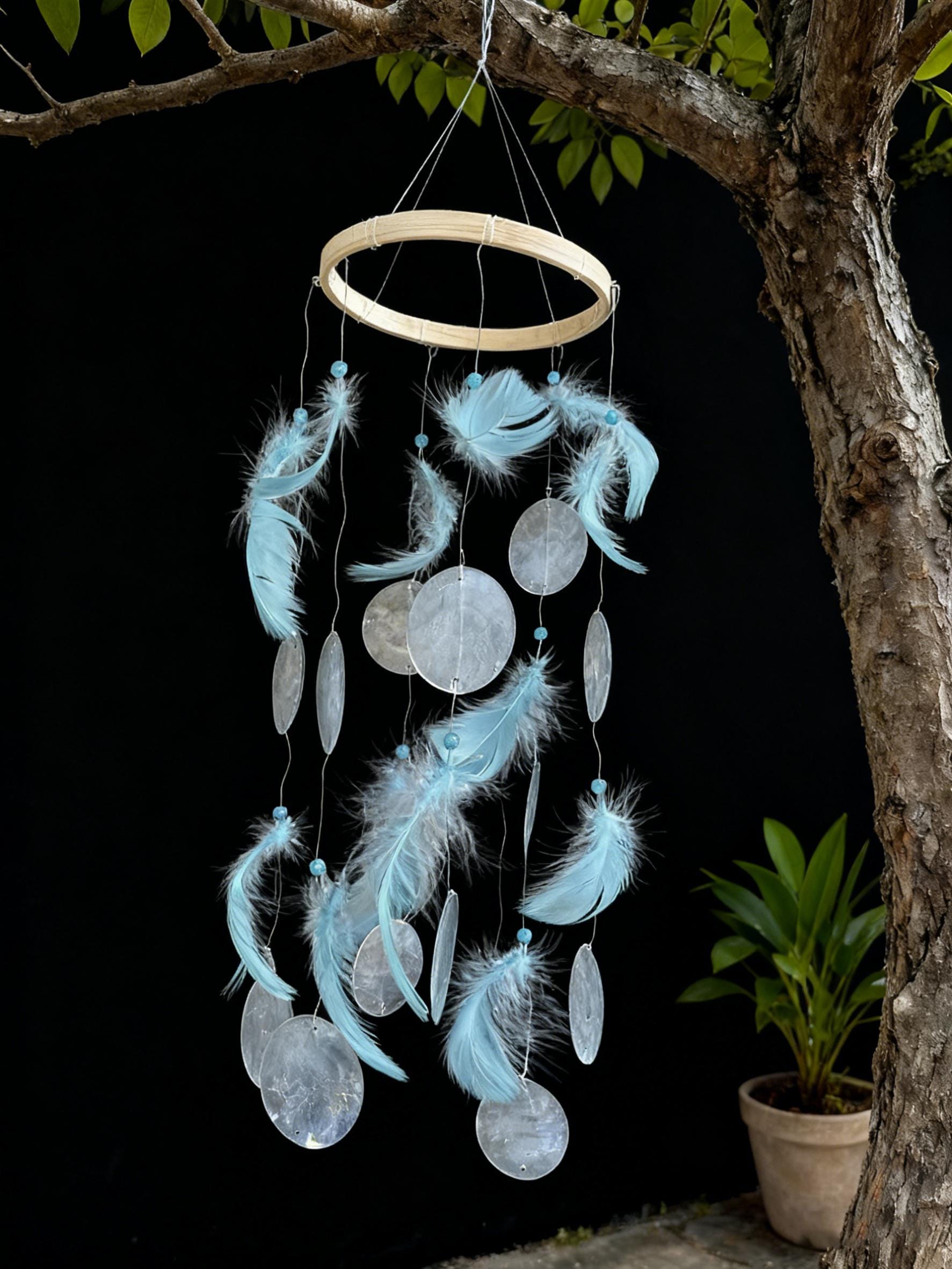 Blue Feather and White Shell Wind Chime, Boho Coastal Decor, Meditation Garden Ornament.